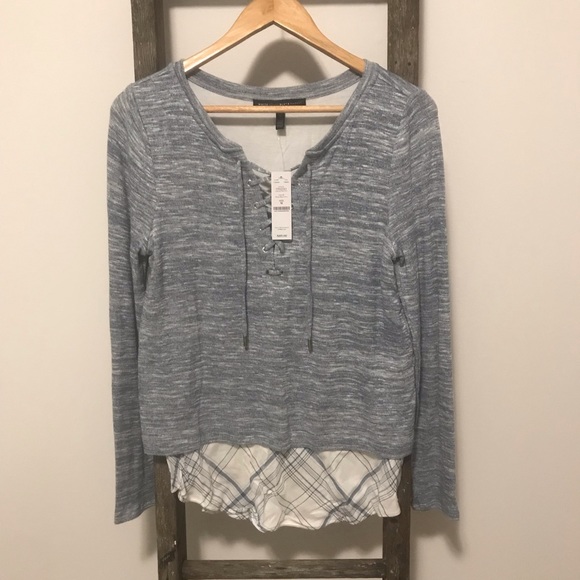 WHBM Blue Plaid Hem Lace-Up Pullover Top - Picture 2 of 5